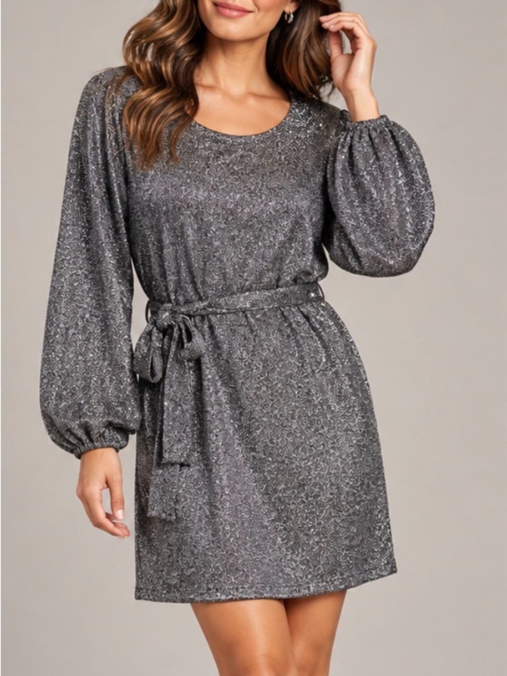 Gibsonlook Silver Sparkle Knit Blouson Sleeve Tie-Waist Party Dress M